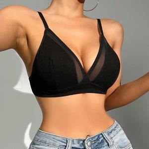 Black Mesh Insert Rib Knit Soft Bralette Triangle Shape